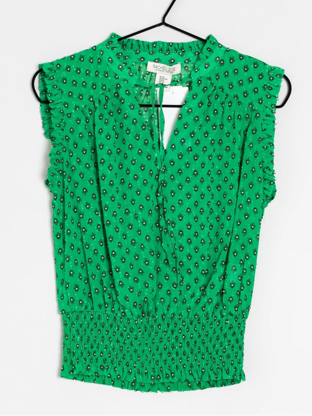 Rachel Zoe Teal Sleeveless Ruffle-Trim Smocked Hem Top SZ XS